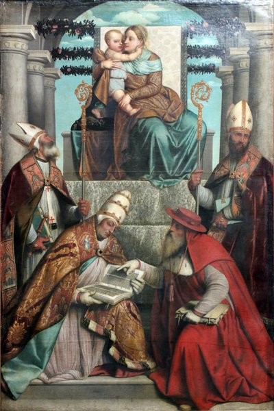 Jungfrau und Kind auf dem Thron mit den vier Vätern der lateinischen Kirche von Moretto da Brescia